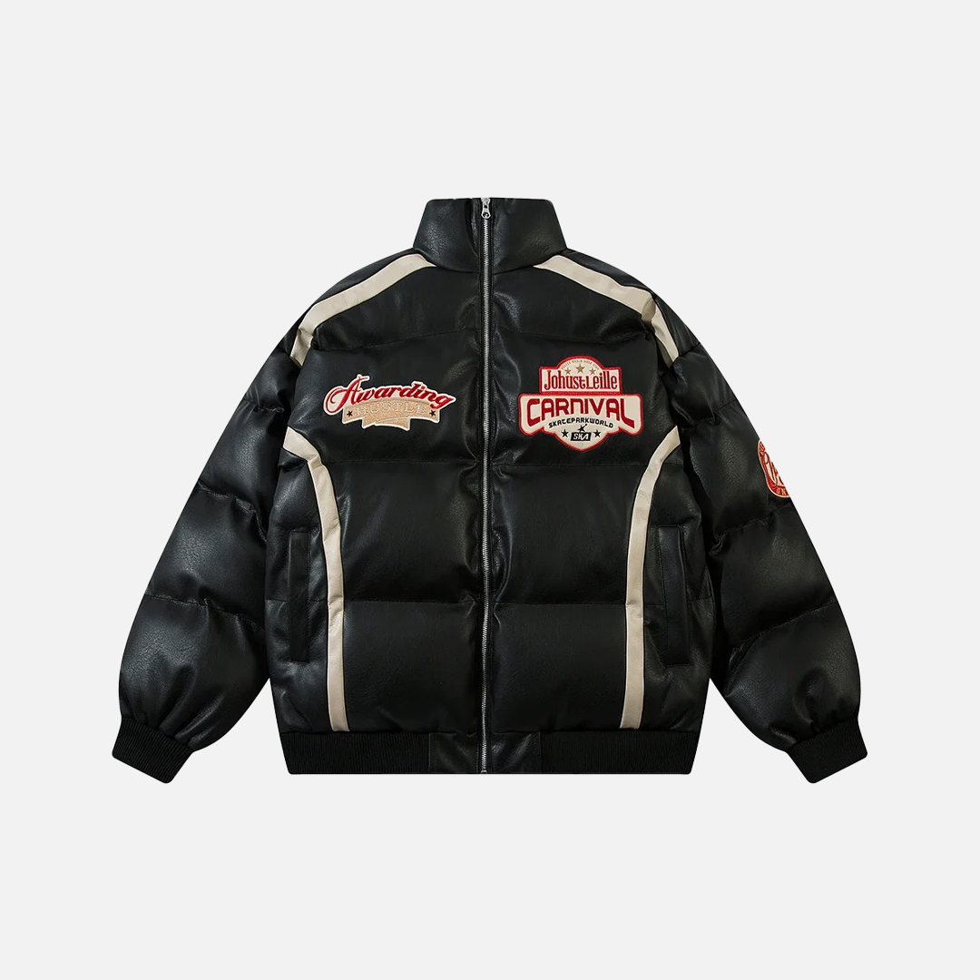Spliced Patch Embroidery Leather Padded Jacket