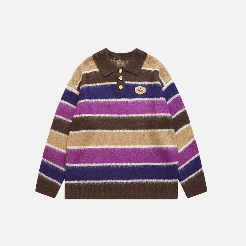 Front view of the purple Vintage Polo Colors Strips Sweater from DAXUEN, in a gray background
