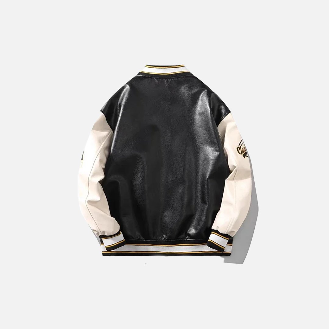 PU Leather Embroidered Letter Baseball Bomber Jacket