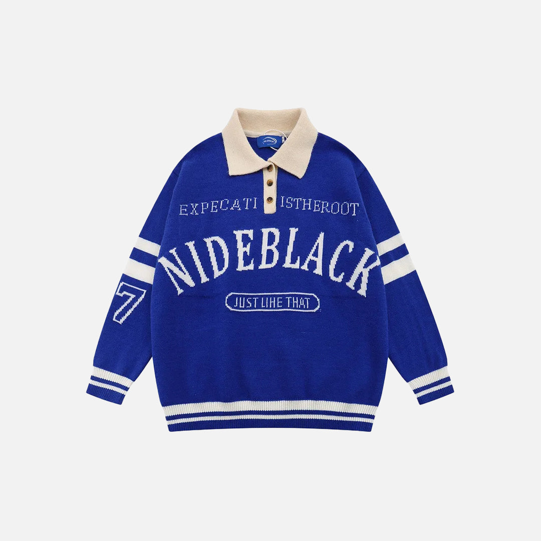 Retro Black Letter Print Polo Sweater