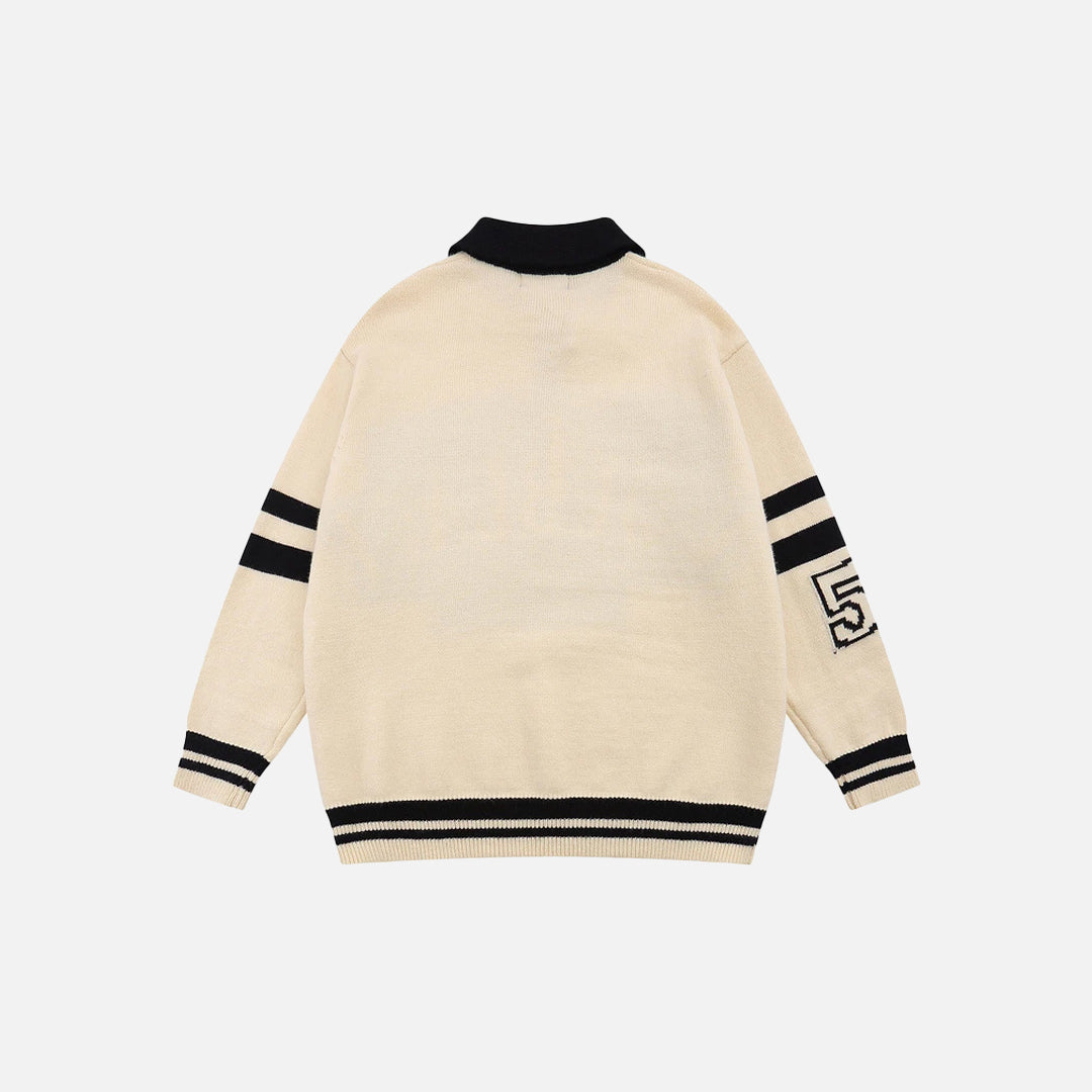 Retro Black Letter Print Polo Sweater