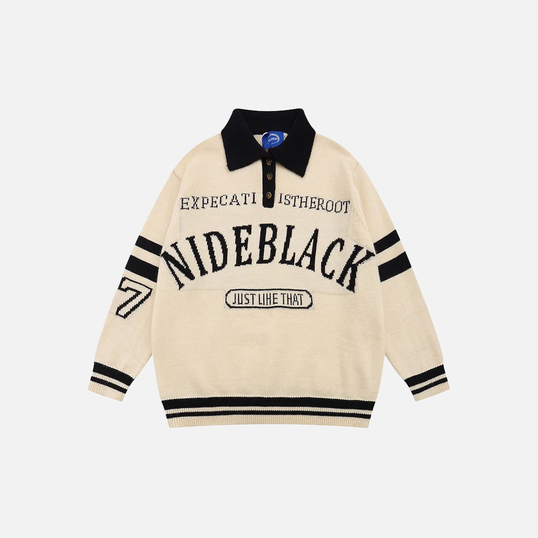 Retro Black Letter Print Polo Sweater