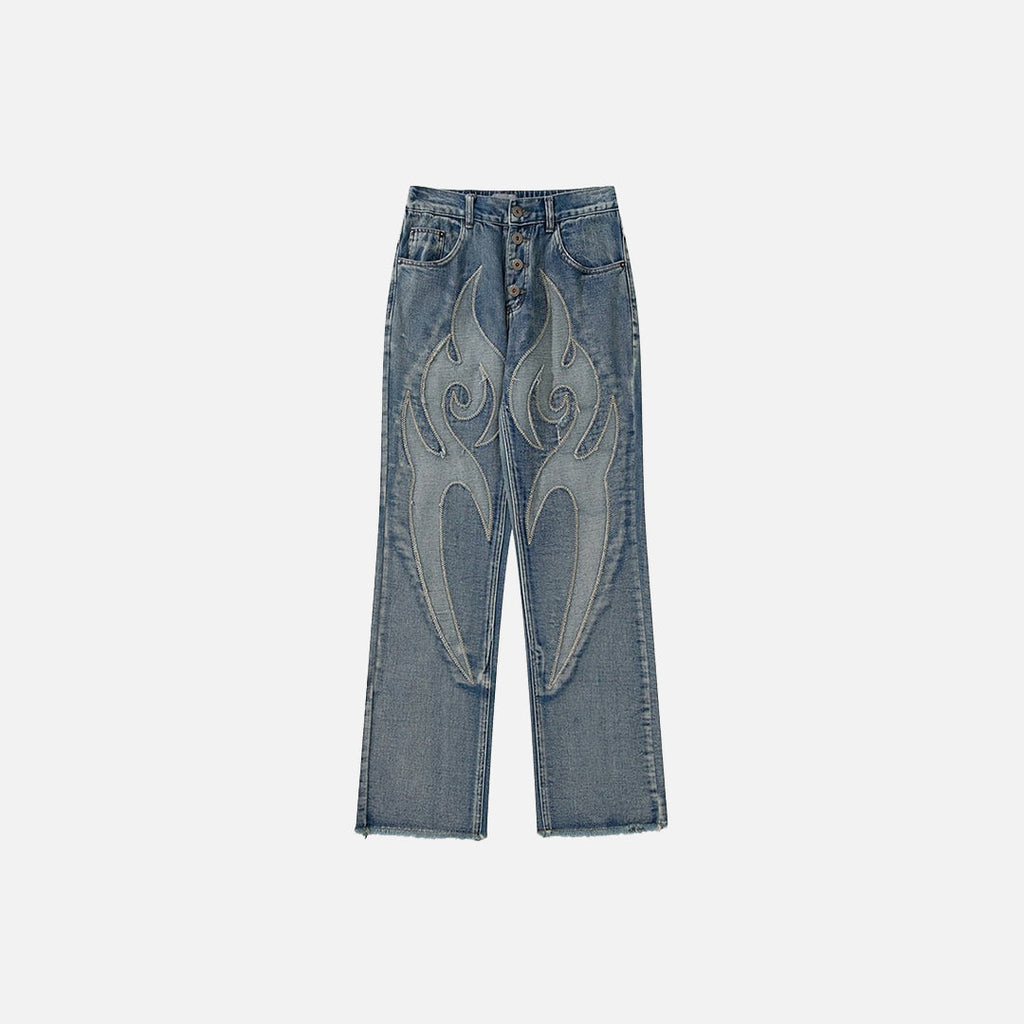 Flame Embroidery Denim Jeans