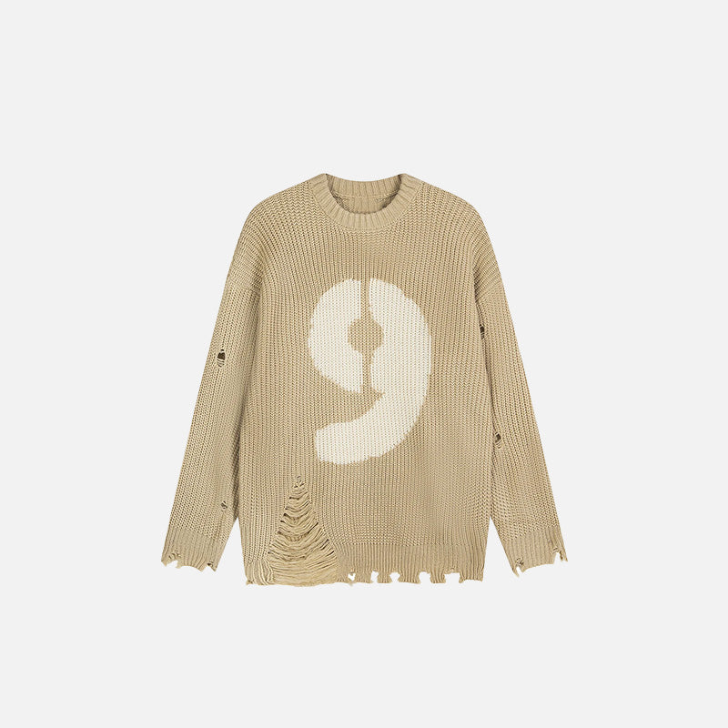 Front view of the khaki Distressed Number 9 Sweater in gray background