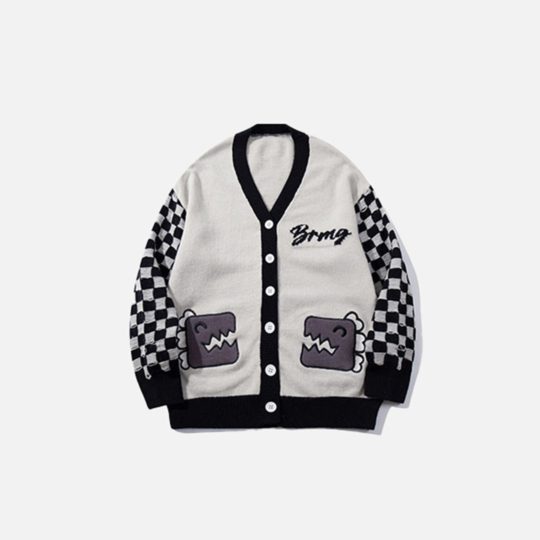 Front view of the pink Checkered Graphic Knit Sweater in a gray background