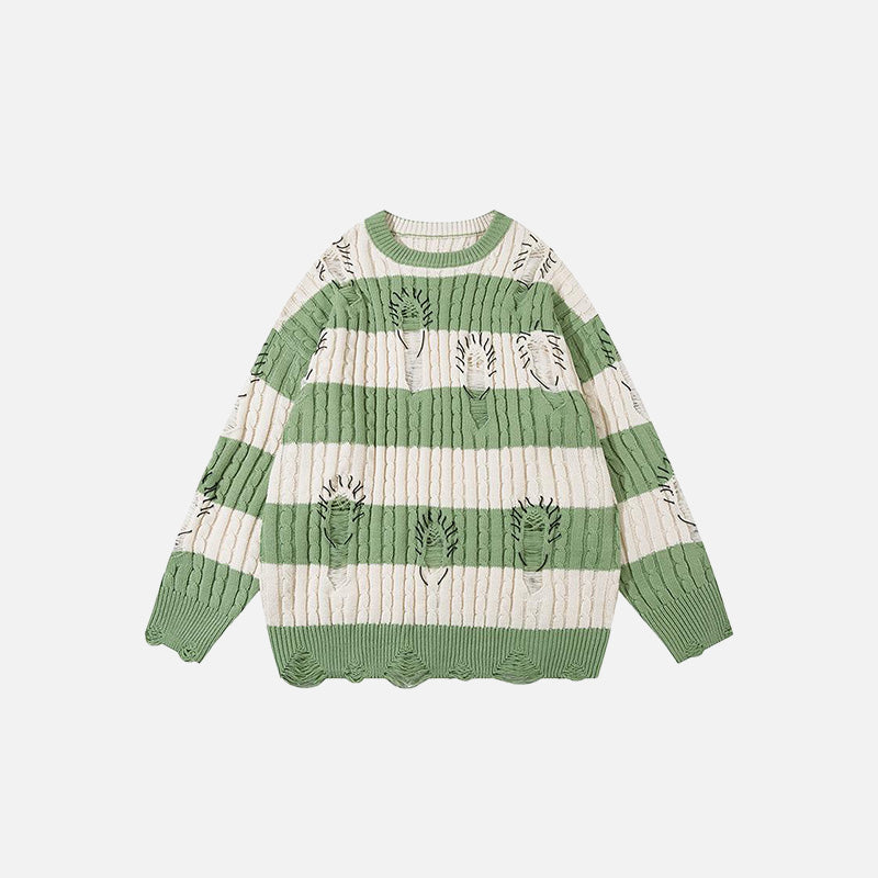 Loose Stripped Distressed Knitted Sweater