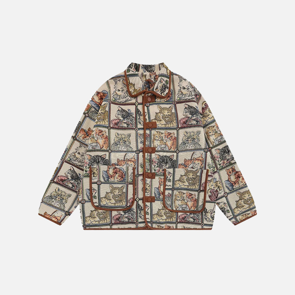 Front view of the khaki Vintage Pattern Toggle Jacket in a gray background