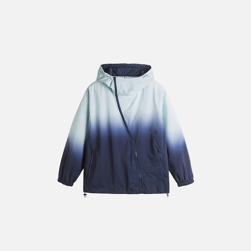 Front view of the blue Loose Bomber Gradient Color Jacket in a gray background 
