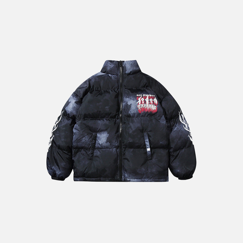 Front view of the black "I Made This Hell My Home" Puffer Jacket in a gray background