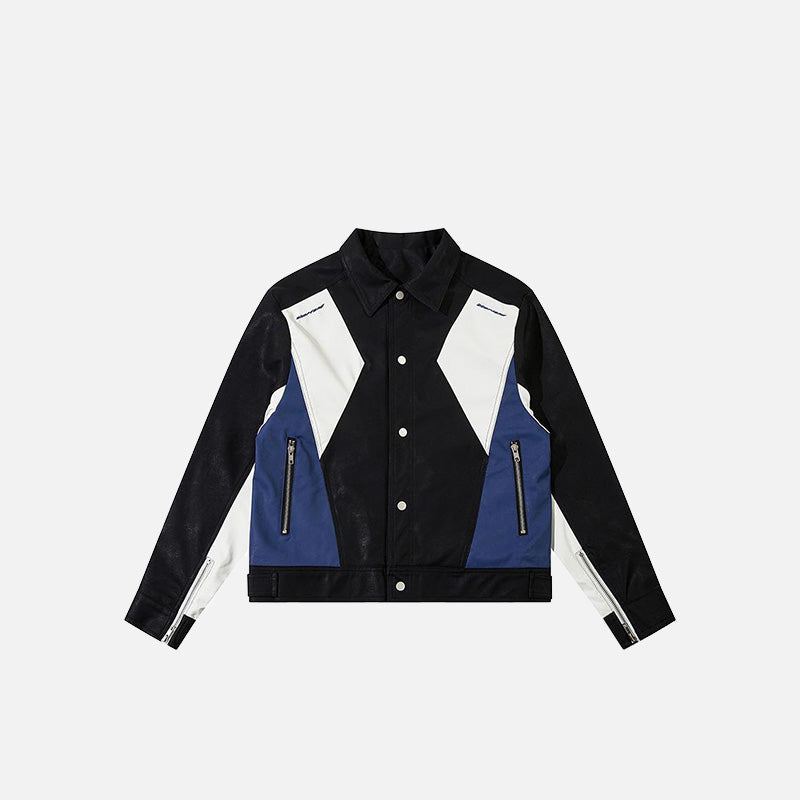 Retro Color Block PU Leather Jacket