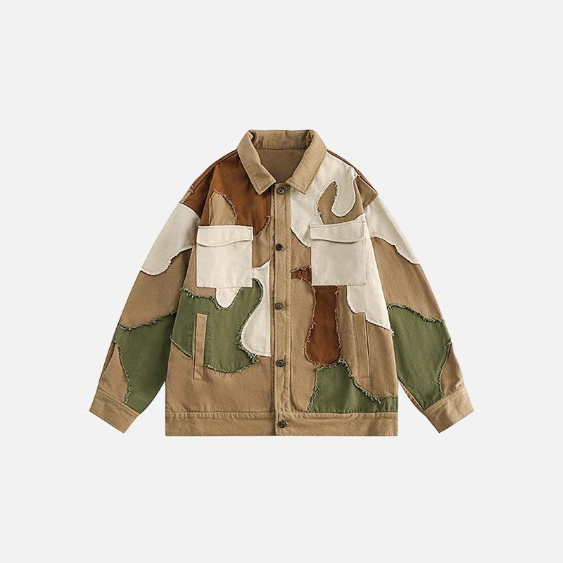 Front view of the khaki Vintage Camouflage Patchwork Jacket  in a gray background