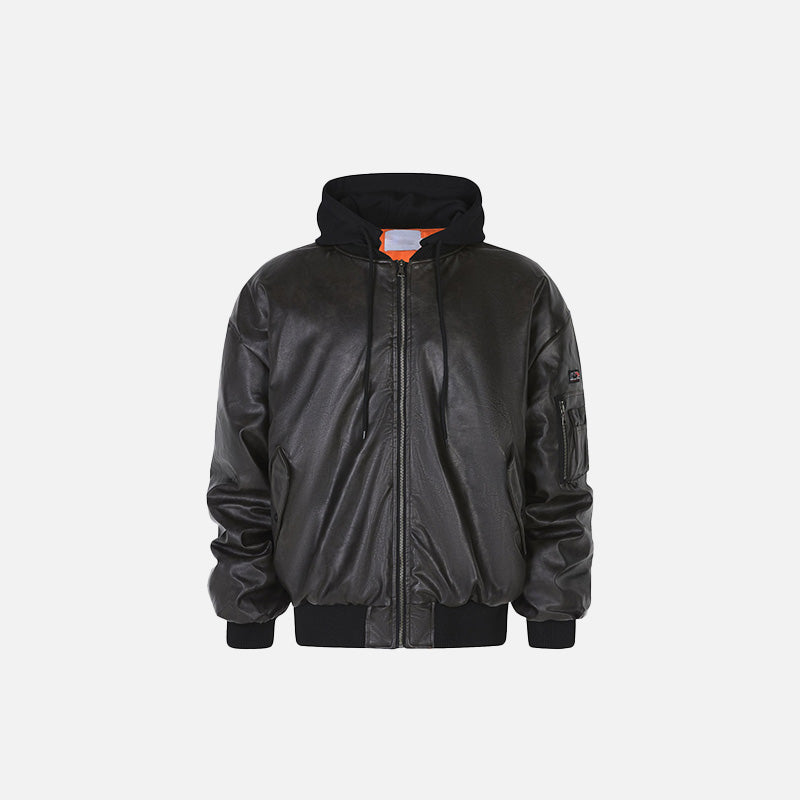 Front view of the black Oversized Loose PU Leather Jacket in a gray background 