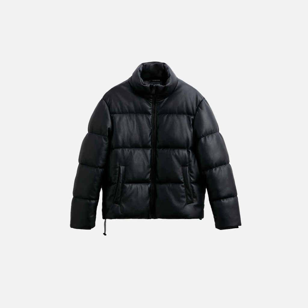 Thick Faux Leather Standing Collar Jacket