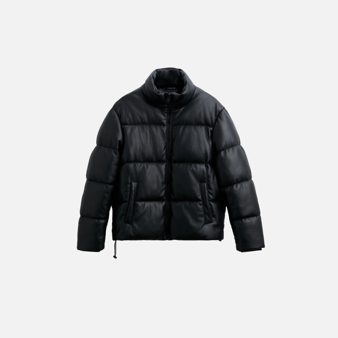 Thick Faux Leather Standing Collar Jacket