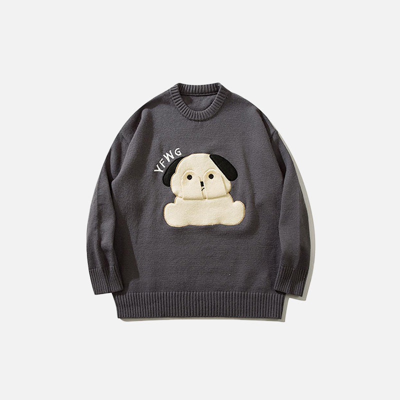 Front view of the Loose Dog Printed Sweater in a gray background 