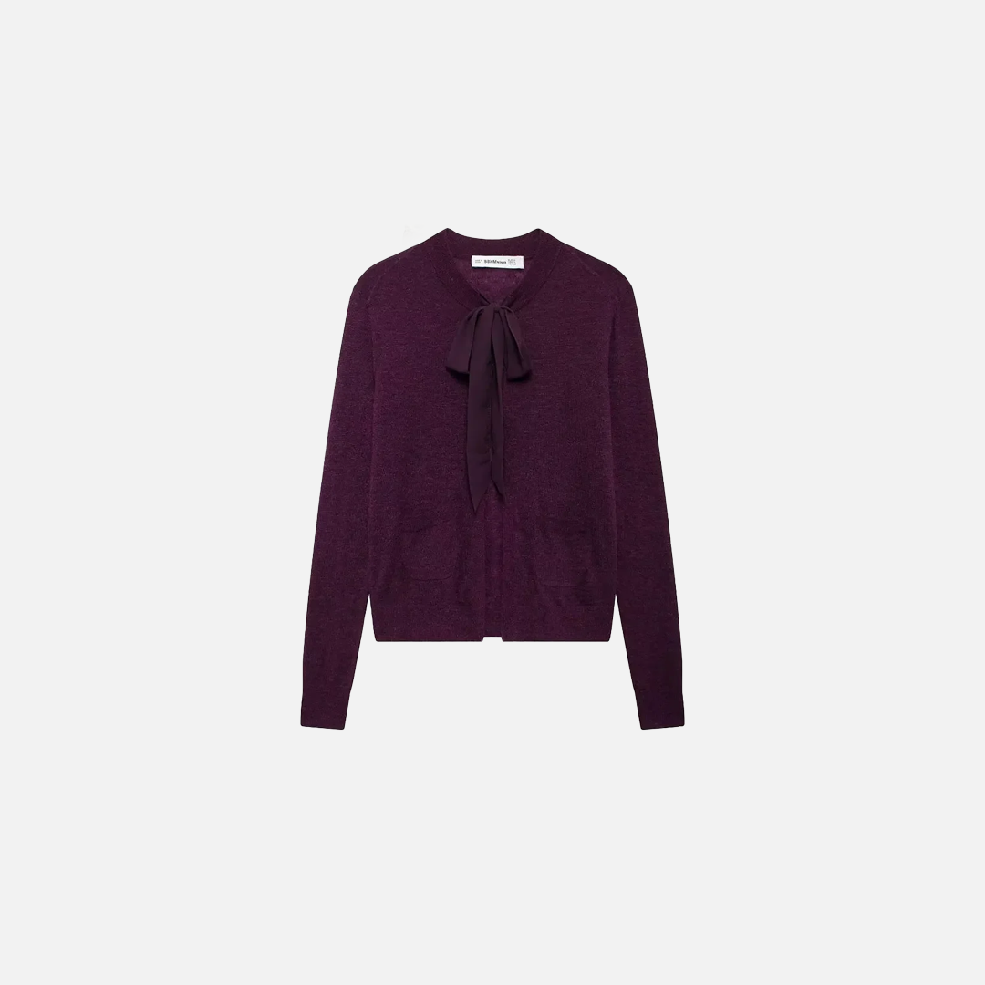 Purple Knitted Lace-Up Cardigans with Bowknot