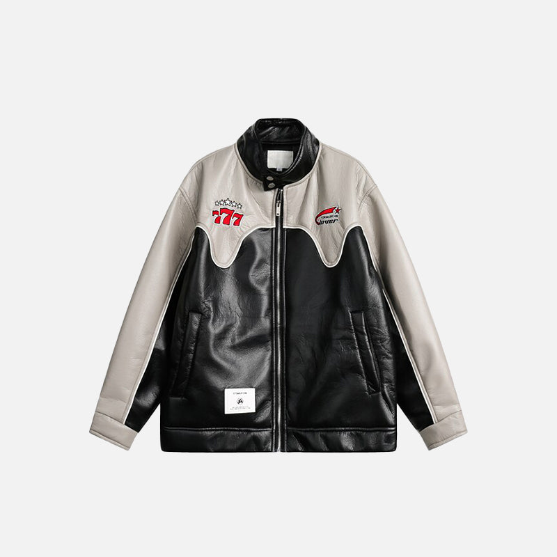 Waterproof Color block Leather Varsity Jacket
