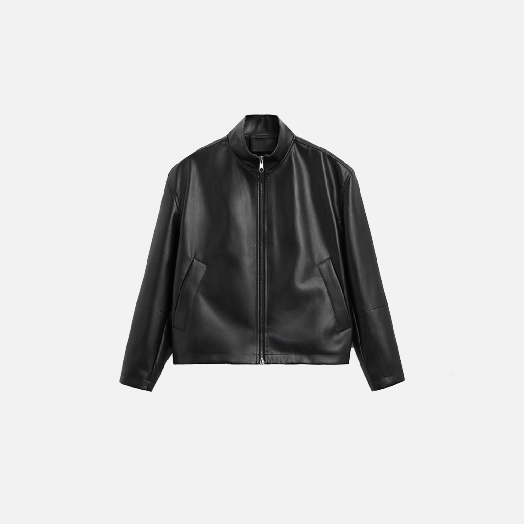Black Faux Stand-Up Collar Leather Jacket