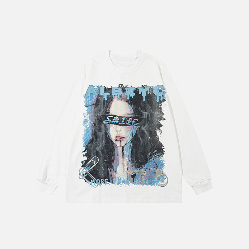 Oversized Cartoon Blindfolded Girl Sweatshirt