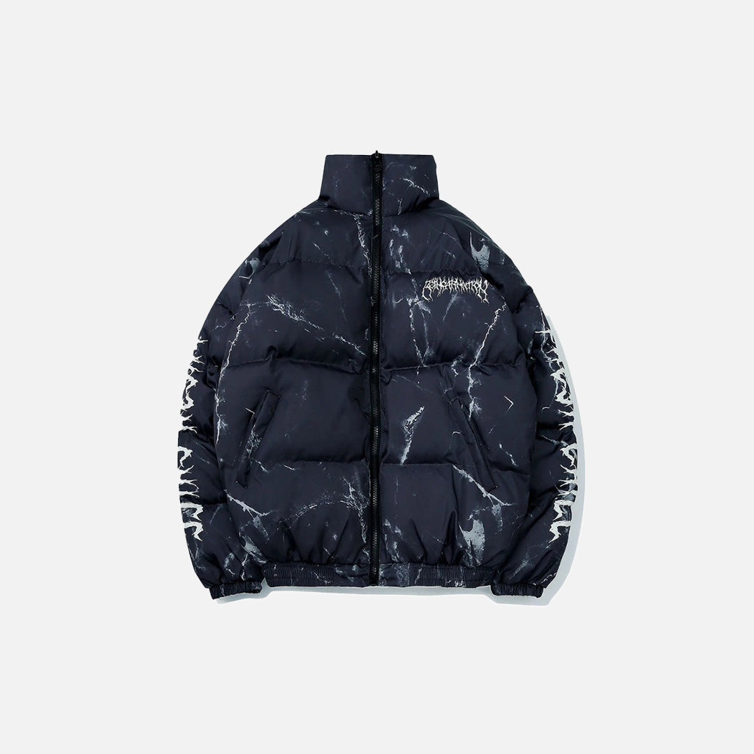 Front view of the blue Urban Chaos Teddy Jacket in a gray background