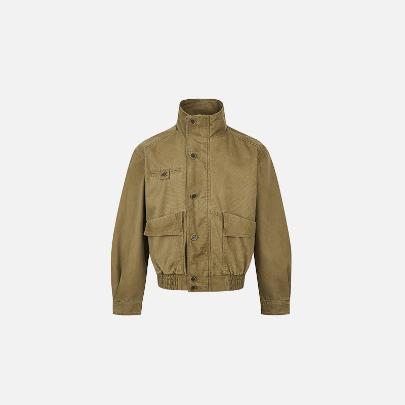 Front view of the khaki Classic High-Collar Utility Jacket in a gray background