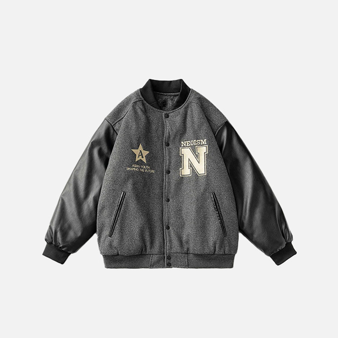 Front view of the dark grey Neoism Varsity Jacket in a gray background