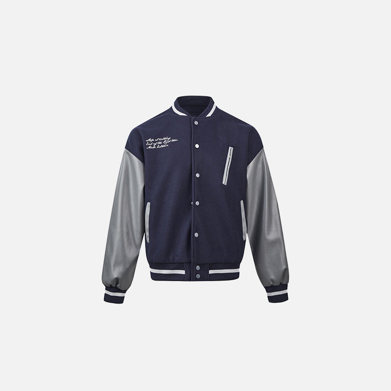 Front view of the navy blue Retro Varsity Jacket in a gray background