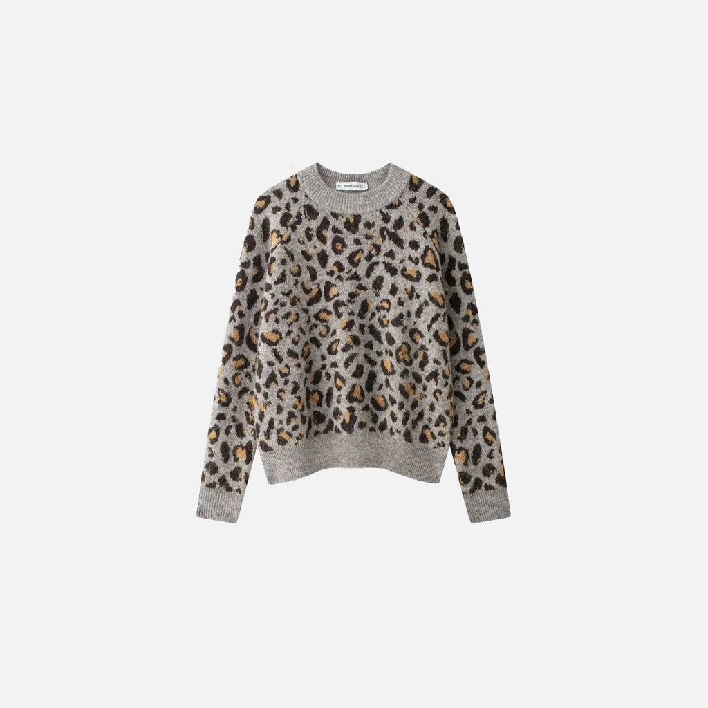 Leopard Knit Casual Cropped Sweater