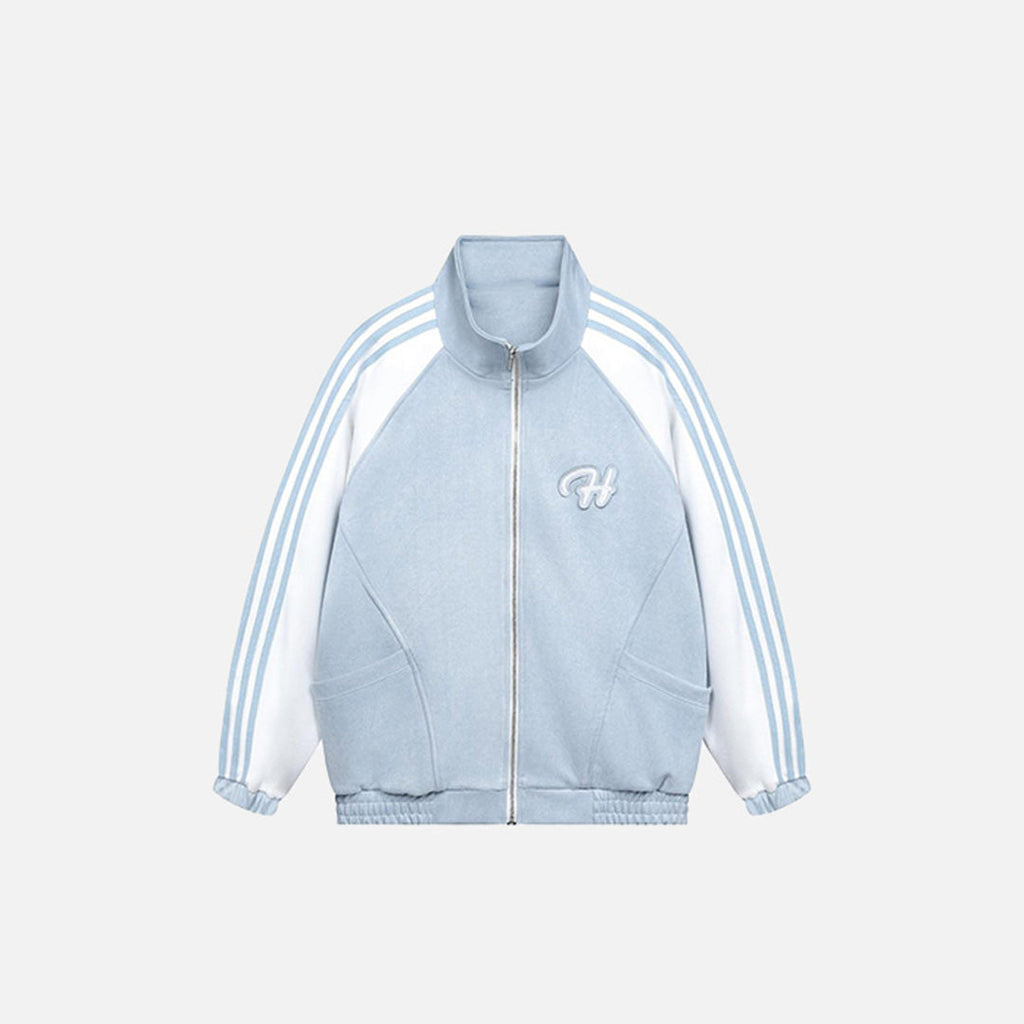 Front view of the blue Classic Striped Track Jacket in a gray background