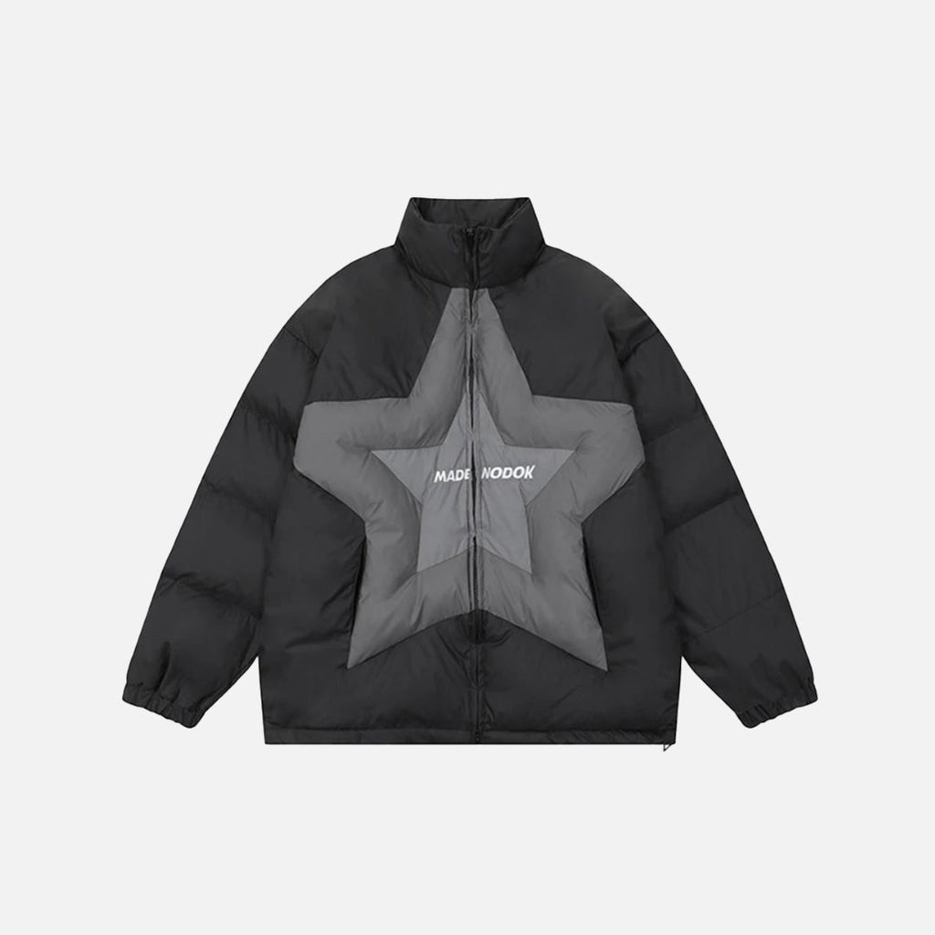 Front view of the black Star Patch Puffer Jacket in a gray background