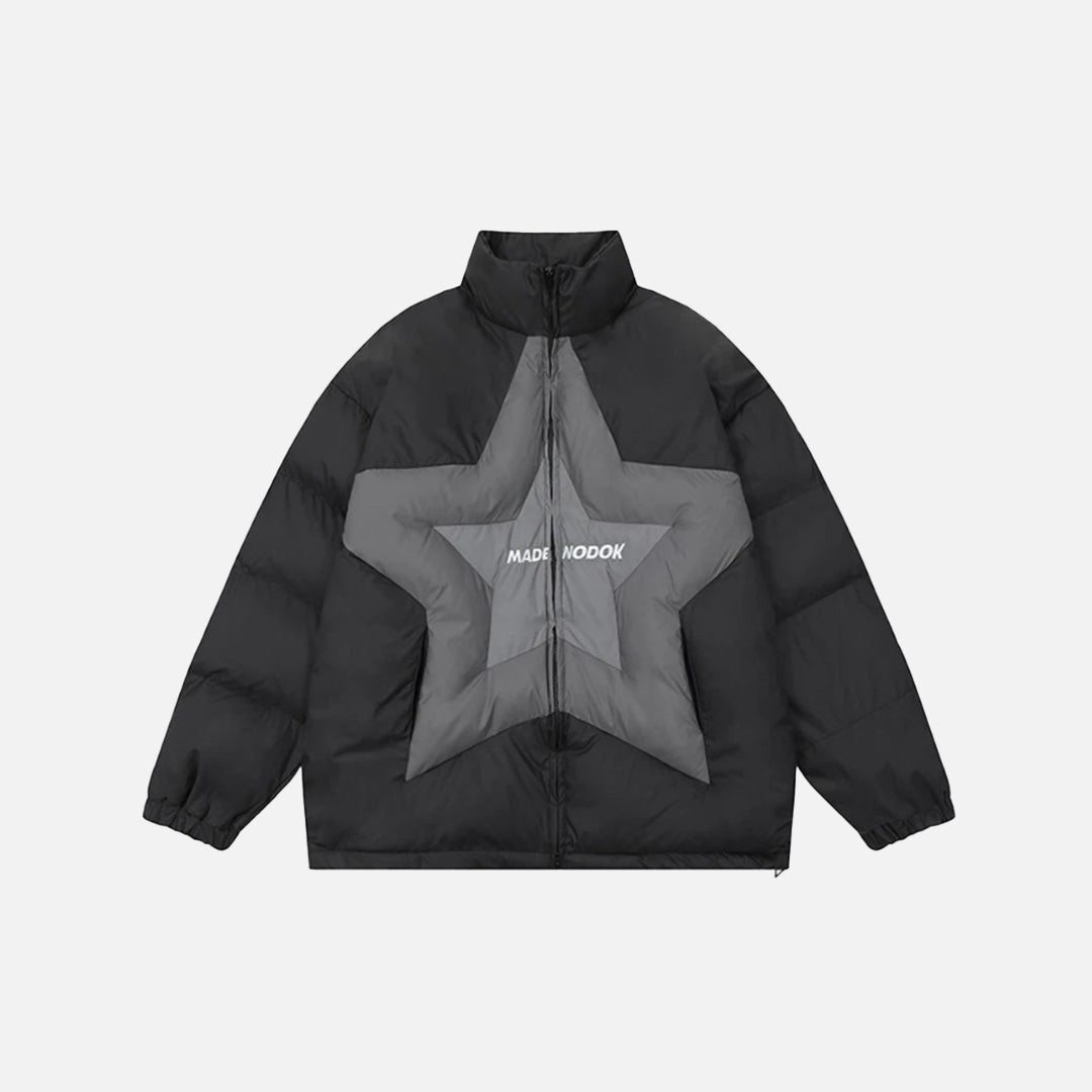 Front view of the black Star Patch Puffer Jacket in a gray background
