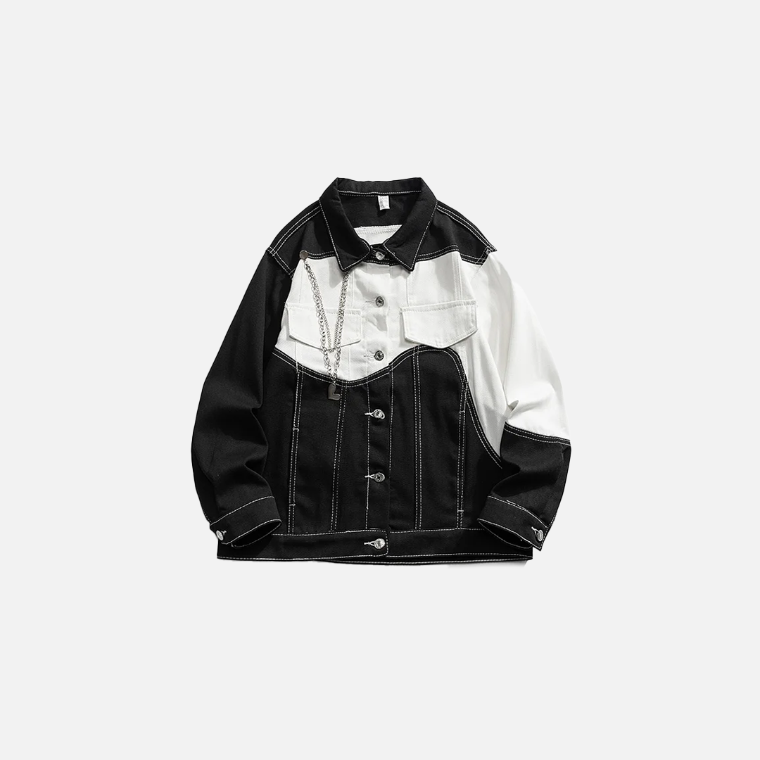 Black And White Color Blocking Denim Jacket