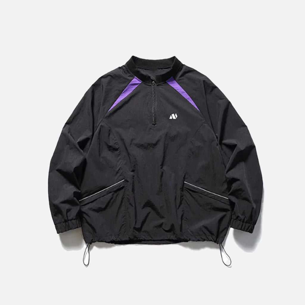 Front view of the black Sporty Half-Zip Windbreaker Jacket in a gray background