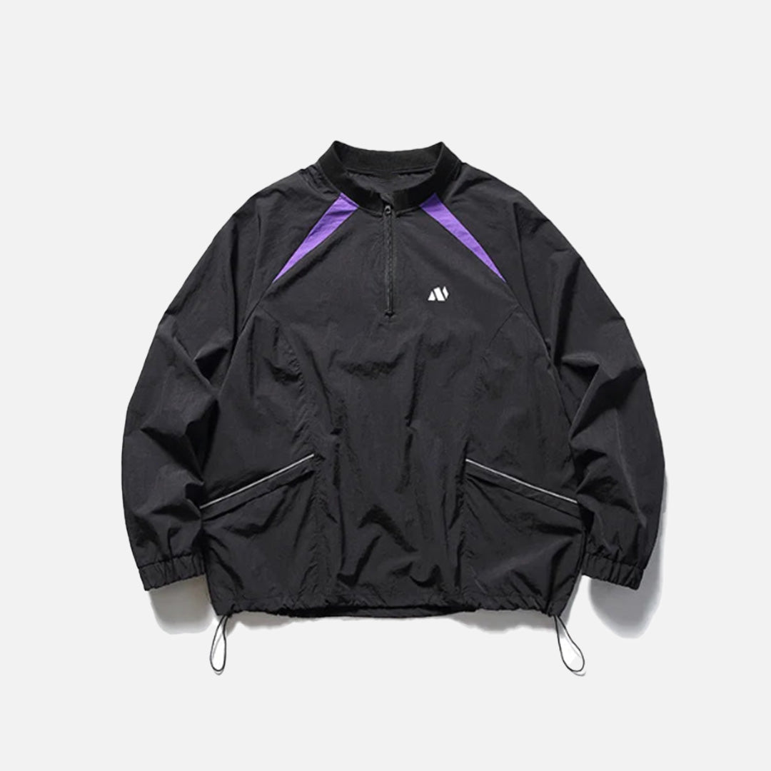 Front view of the black Sporty Half-Zip Windbreaker Jacket in a gray background