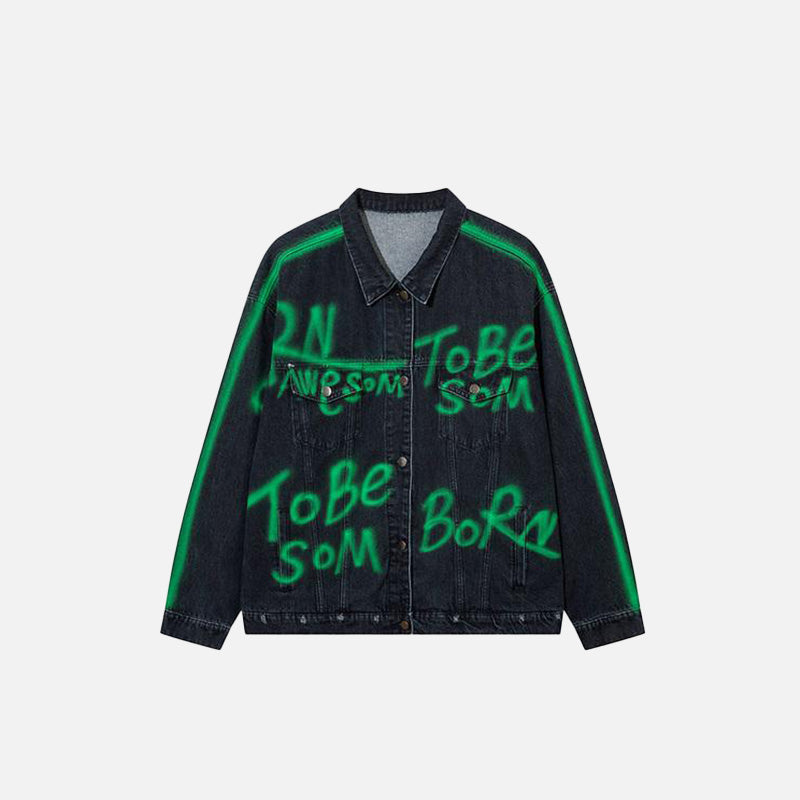 Front view of a Vintage Green Letter Washed Jacket in a gray background