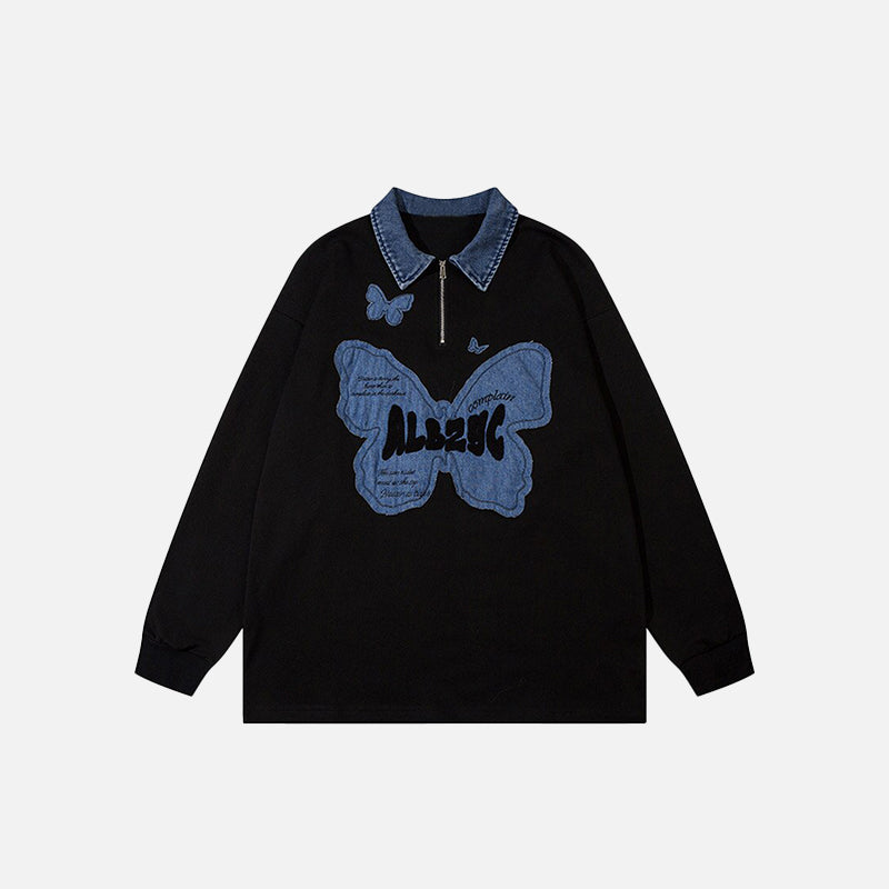 Butterfly Patches Oversized Denim Sweatshirt