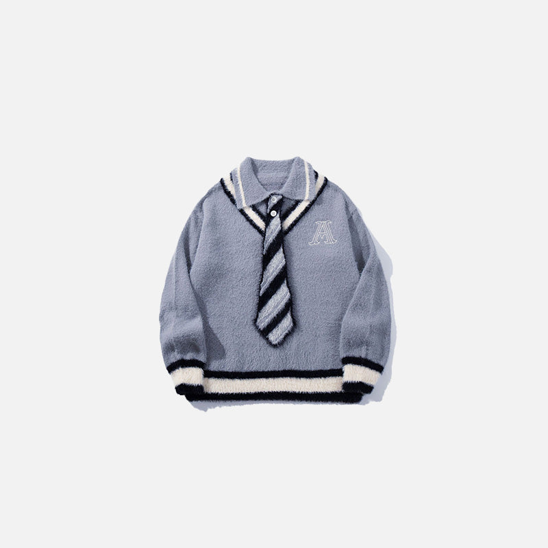 Front view of the blue Preppy Tie Sweater in a gray background