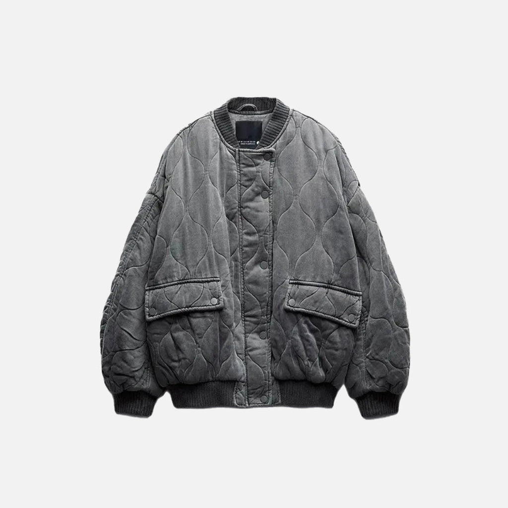 Front view of the gray Textured Bomber Jacket in a gray background