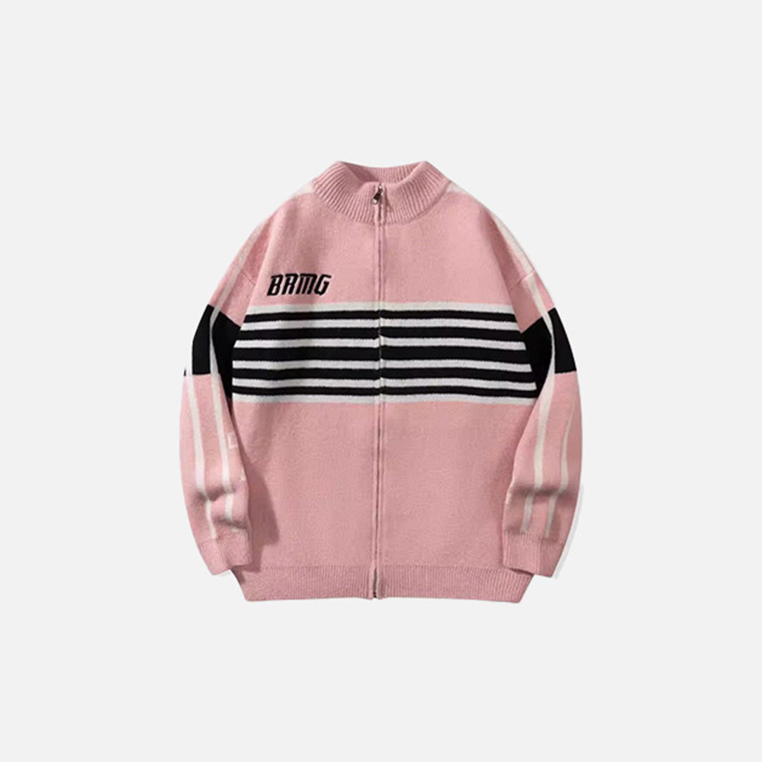 Front view of the pink Striped Zip-Up Sweater in a grag background