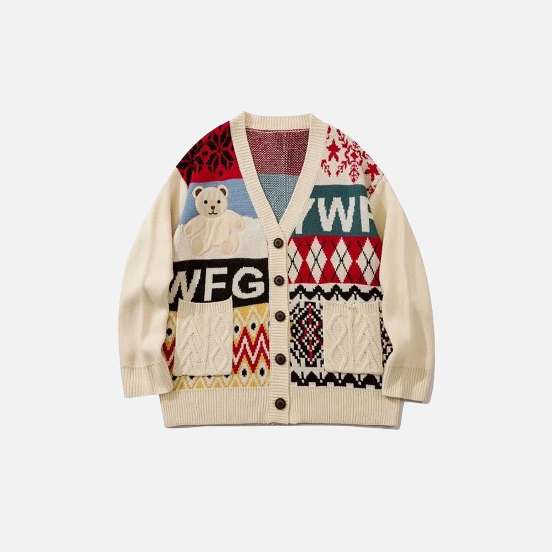 Embroidered Bear Knit Cardigan Sweater