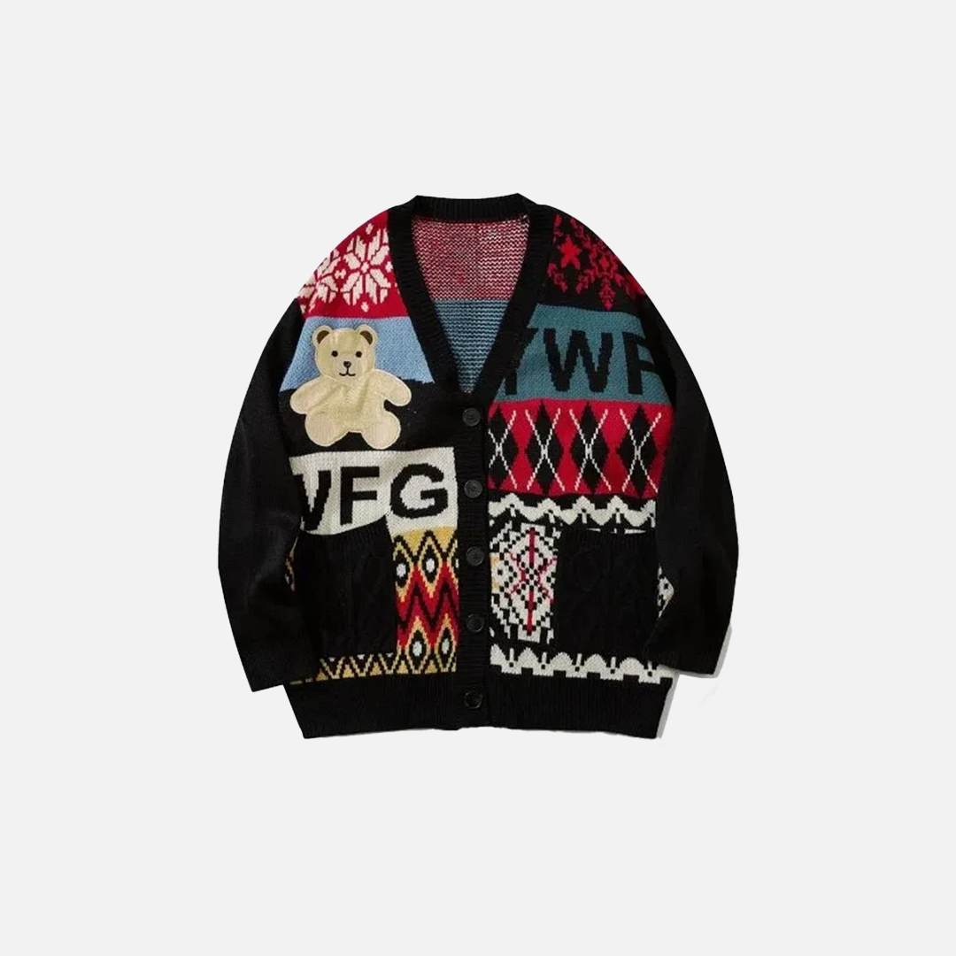 Embroidered Bear Knit Cardigan Sweater