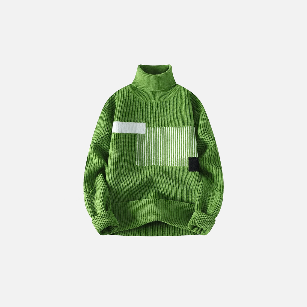 Cozy Patchwork Knit Turtleneck Pullover Sweater