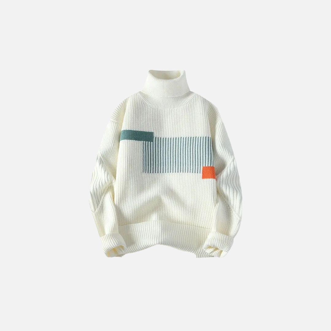 Cozy Patchwork Knit Turtleneck Pullover Sweater