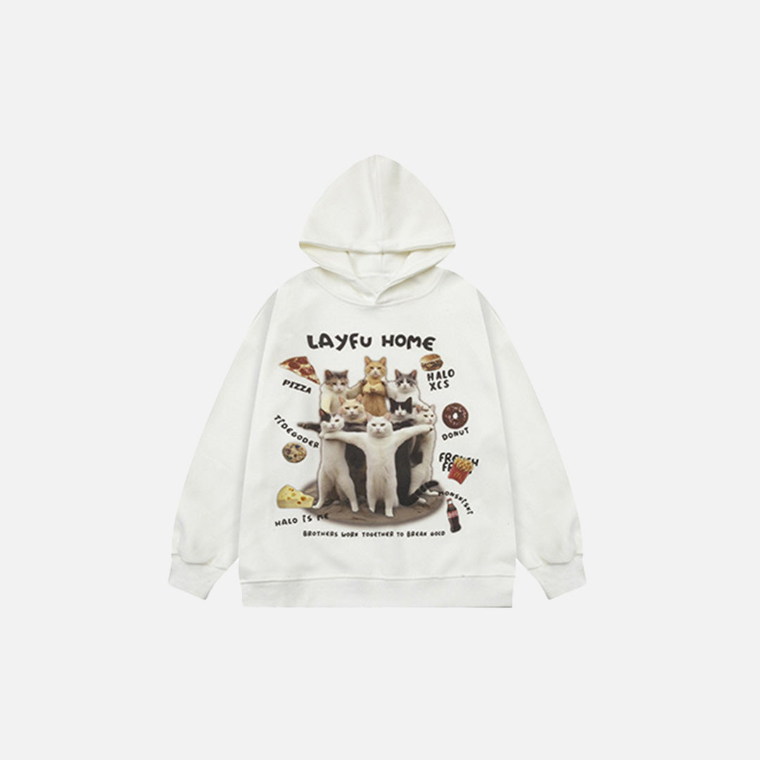 Front view of the white Playful Cats Graphic Hoodie in a gray background