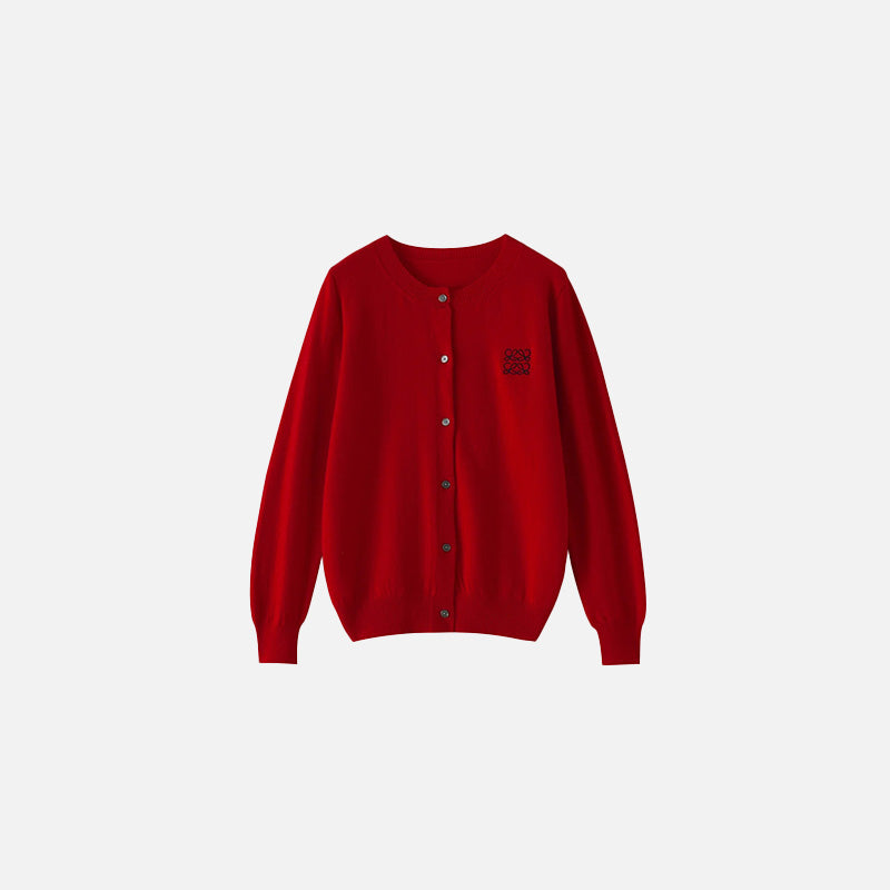 Front view of the red Timeless Button-Up Sweater in a gray background