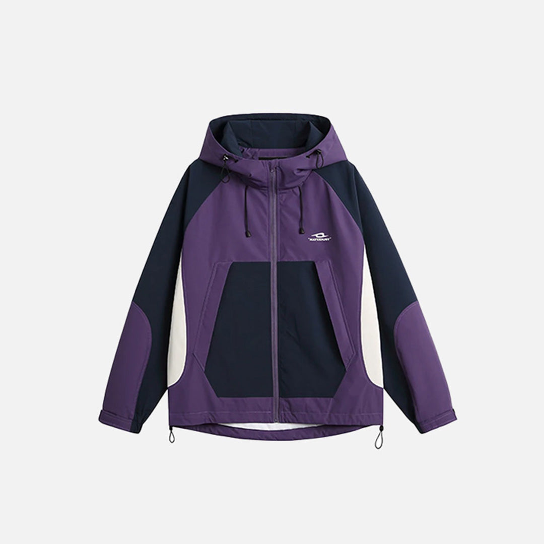 Front view of the purple Color Block Windbreaker Jacket in a gray background