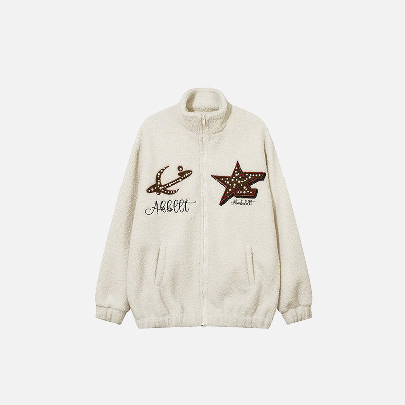 Front view of the beige Winter Star Fleece Zip-up Jacket in a gray background