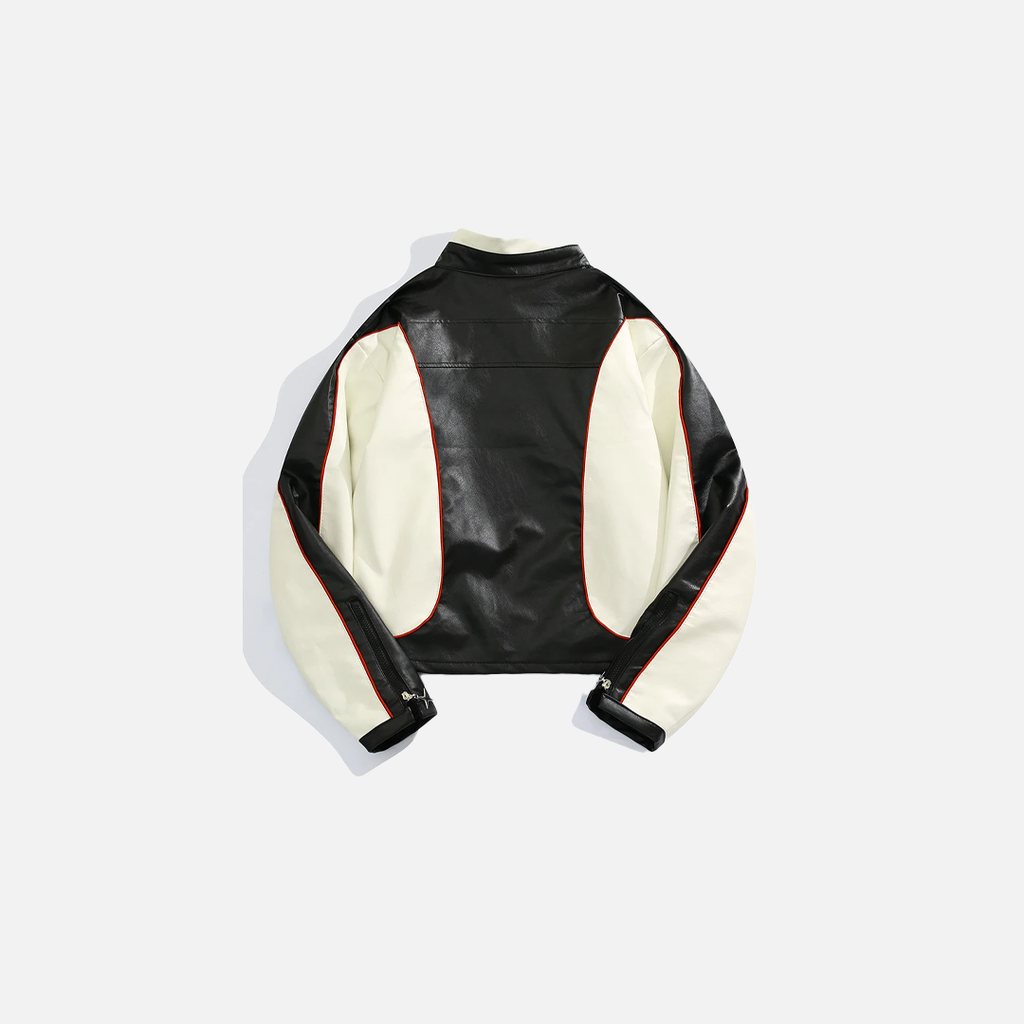 Stylish Contrast Color Spliced Motorcycle Leather Jacket