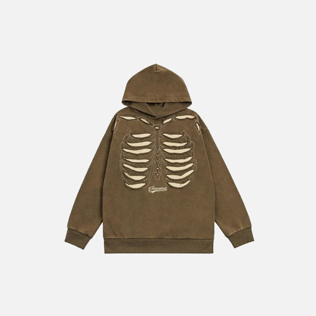 Front view of the brown Y2K Skeletal Spine Hoodie in a gray background