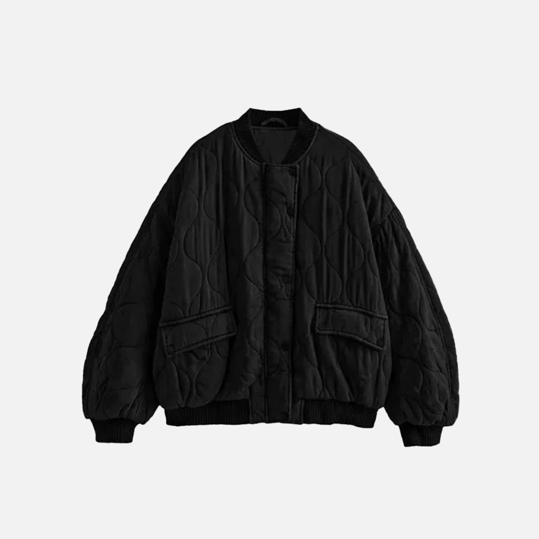 Front view of the black Textured Bomber Jacket in a gray background